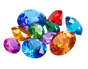 Collection of multi-colored gemstones piled together, sparkling with light reflections against a dark, isolated background
