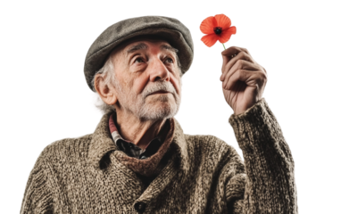 Veteran holding a poppy while saluting in a respectful gesture of remembrance and national pride isolated on transparent background PNG