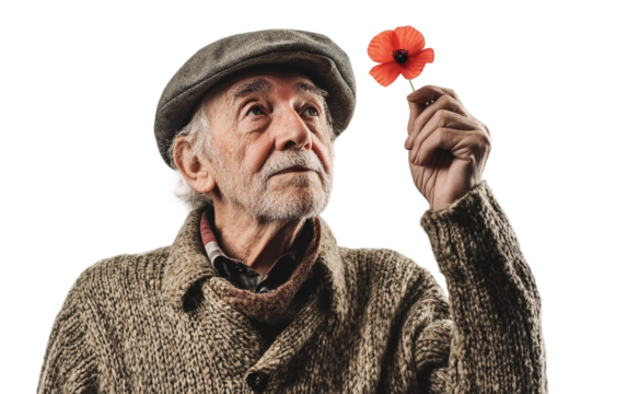 Veteran holding a poppy while saluting in a respectful gesture of remembrance and national pride isolated on transparent background PNG