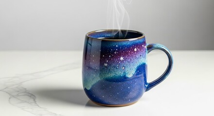 Steaming beverage in a galaxy patterned mug on a white surface