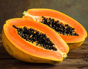 Close-up of a halved papaya showing vibrant orange flesh and black seeds