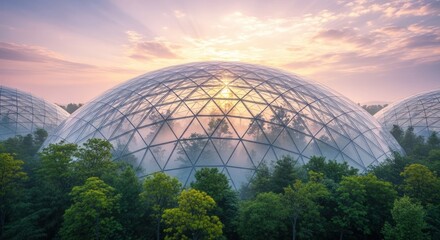 Fototapeta premium Spectacular aerial view of futuristic glass dome structures in a forest.