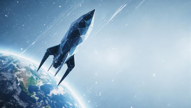 Rocket soaring from Earth into space, a symbol of exploration.