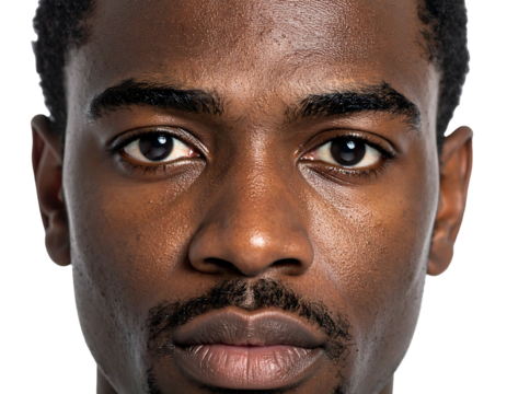 Close-up portrait of a serious dark-skinned man with intense eyes and a subtle mustache against a dark background