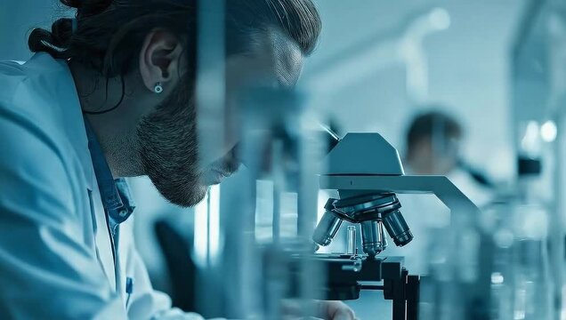 Close-up profile shot of a male scientist with a beard, wearing a lab coat, intensely focused on using a microscope in a high-tech, blue-lit research laboratory.