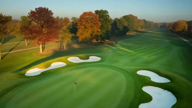 Aerial View of Autumn Golf Course at Sunrise with Flagstick, Sand Traps, and Vibrant Foliage