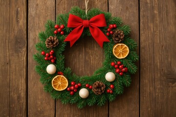 Fototapeta premium Traditional Christmas wreath with pinecones and berries.