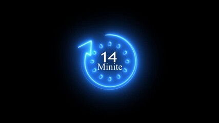 Blue Neon Clock Timer With 14 Minute Mark And Arrow On Black Background countdown