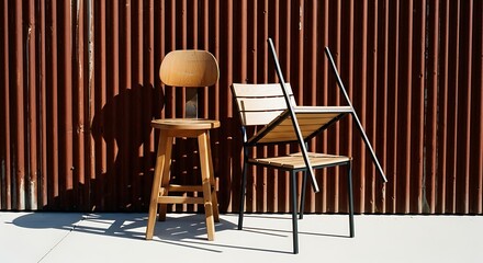 Wooden stool and metal chair on concrete against corrugated metal wall shadow play