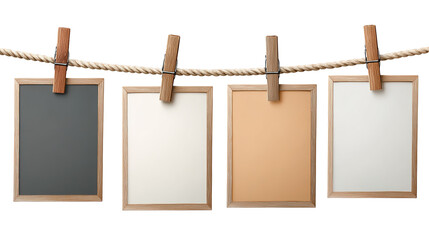 Five monochrome landscape photos hang on a clothesline