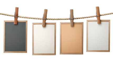 Five monochrome landscape photos hang on a clothesline