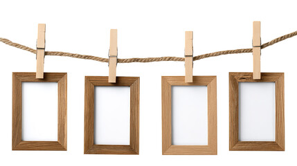 Five monochrome landscape photos hang on a clothesline