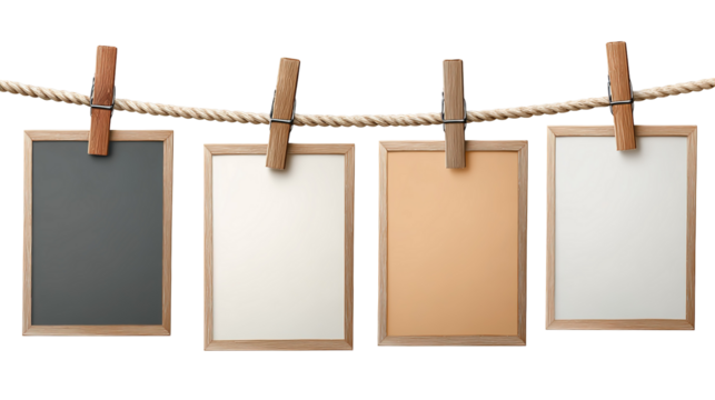 Five monochrome landscape photos hang on a clothesline