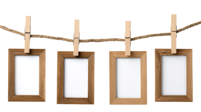 Five monochrome landscape photos hang on a clothesline