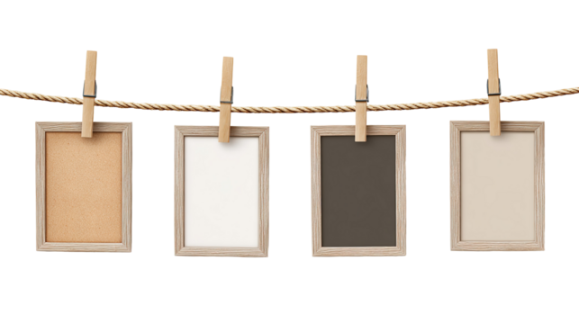 Five monochrome landscape photos hang on a clothesline