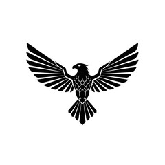 A bold, black graphic icon of a majestic eagle with its wings fully spread out on a white background.