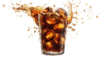 Tall glass of iced cola with red straw isolated on transparent background