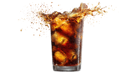 Tall glass of iced cola with red straw isolated on transparent background