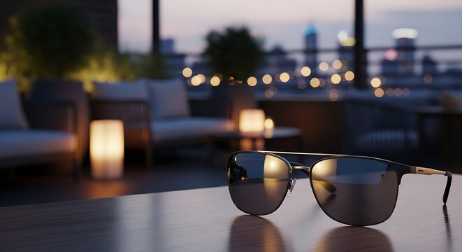 Sunglasses resting on a table at a rooftop bar with a blurred city skyline in the background during a warm, tranquil evening - Powered by Adobe