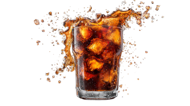Tall glass of iced cola with red straw isolated on transparent background