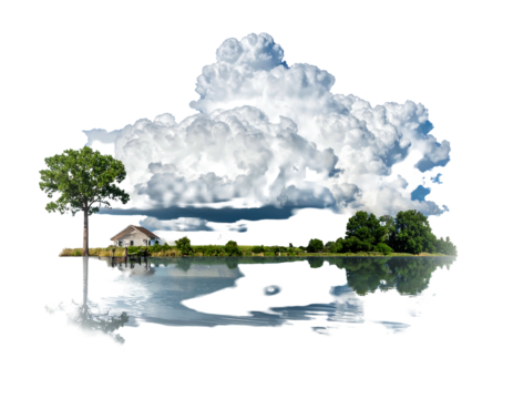 Cloudy scene. A small house reflects on the water, with trees and a giant cloud looming above, against a black background
