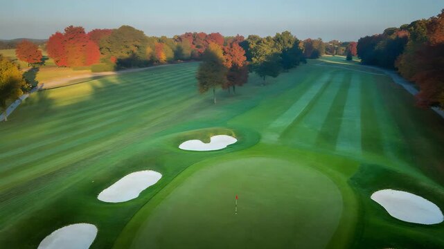Aerial View of Autumn Golf Course at Sunrise with Flagstick, Sand Traps, and Vibrant Foliage