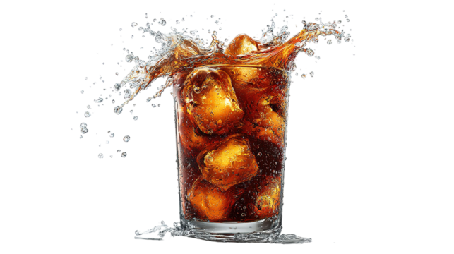 Tall glass of iced cola with red straw isolated on transparent background