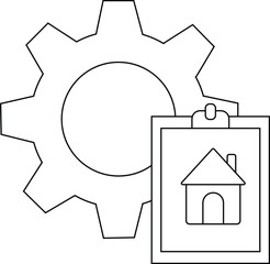A gear icon overlays a clipboard displaying a house drawing on its surface
