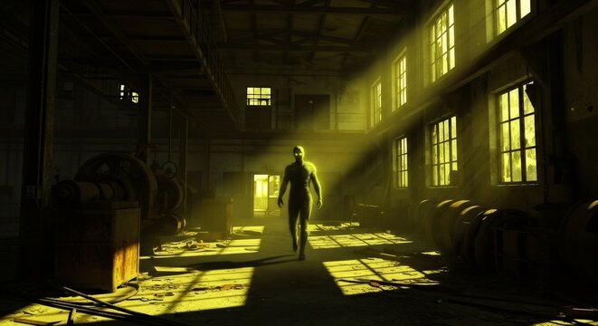 Eerie green alien creature with glowing eyes walking in an abandoned, dusty factory bathed in shafts of yellow light, surreal science fiction or horror concept.
