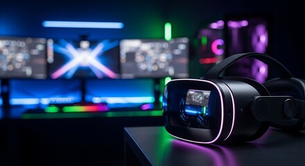 Virtual reality headset on a desk with gaming setup in the background, showcasing the immersive experience of modern technology