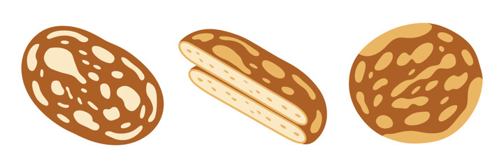 Variety cookie set, nutty slice biscuit, rolled wafer cookie, round chocolate chip piece, sweet snack vector illustration