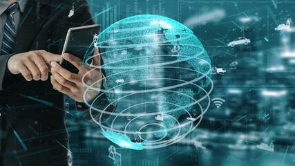A businessman interacts with a smartphone, surrounded by a digital globe and technology icons in a vibrant corporate setting, symbolizing innovation and connectivity. Xenic - Powered by Adobe