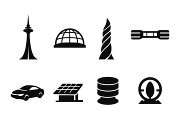Futuristic architecture and technology icons in silhouette style