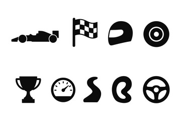 Racing icons set: silhouette car, helmet, trophy, and track elements