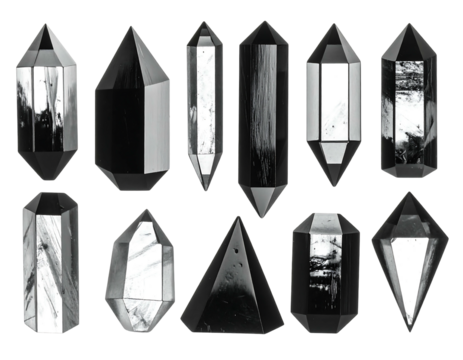 Collection of variously shaped translucent black crystals arranged against a solid black background