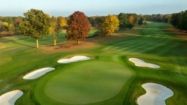 Aerial View of Autumn Golf Course at Sunrise with Flagstick, Sand Traps, and Vibrant Foliage