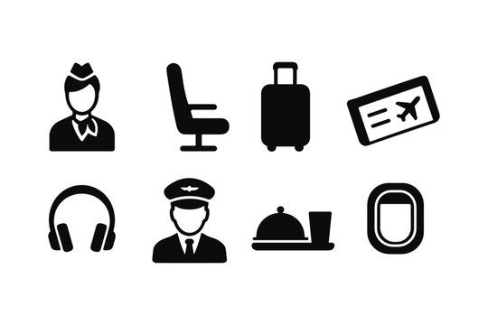 Silhouette icons of travel essentials: luggage, tickets, headphones, cabin crew, plane window