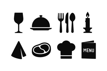 Silhouette icons of restaurant essentials: wine, dining, and culinary symbols