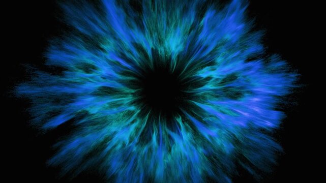 Colorful blue cyan particle vortex forming a glowing, dynamic energy portal or nebula swirl, futuristic cosmic motion background. 3d loop animation 4k