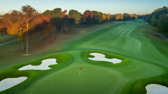 Aerial View of Autumn Golf Course at Sunrise with Flagstick, Sand Traps, and Vibrant Foliage