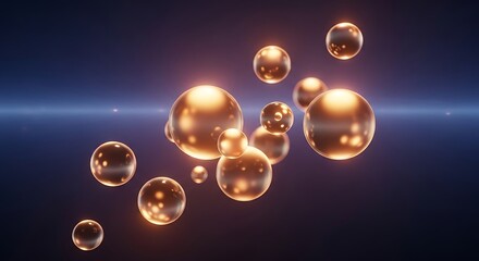 Elegant golden spheres floating in a dynamic formation against a backdrop of deep blue gradient light