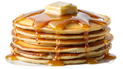 A tempting stack of golden pancakes isolated on transparent background, glistening with a generous drizzle of sweet maple syrup and topped with a melting pat of creamy butter
