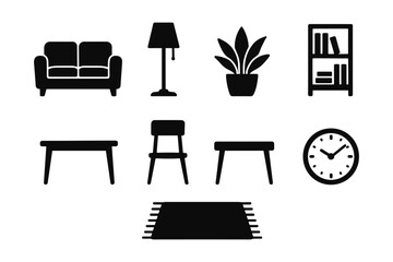 Fototapeta premium Modern minimalist home furnishing icons: stylish silhouette set for interior design