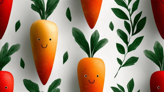 Colorful cartoon carrots with smiling faces and green leaves, arranged playfully on a textured background, creating a cheerful and whimsical atmosphere for food-related designs and illustrations