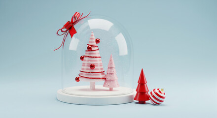 Stylized Christmas trees glass dome with ornament winter holidays