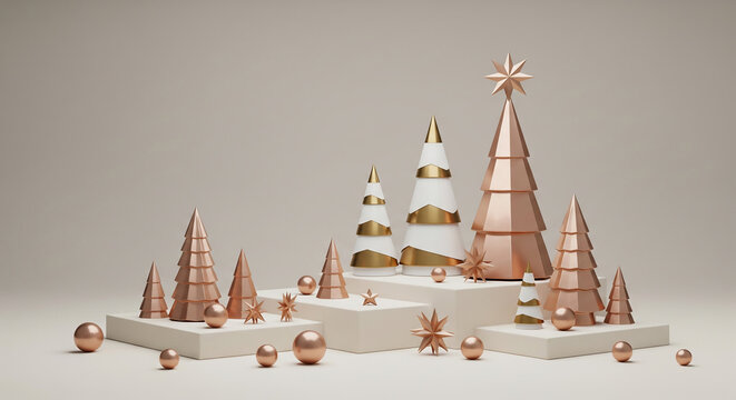 Elegant rose gold and white Christmas trees holiday display