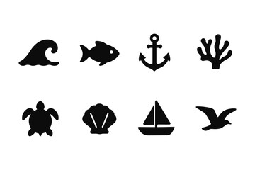 Obraz premium Marine silhouettes: nautical icons including fish, anchor, and sea life