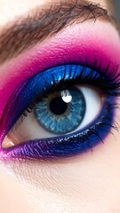 Close-up of a human eye with vibrant blue and pink eyeshadow