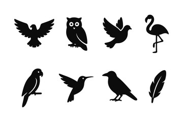 Obraz premium Silhouette bird icons set with various species in simple black style