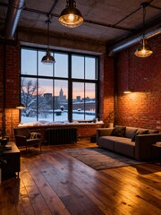 Fototapeta premium Industrial-Style Living Room with Snowy City View at Sunset – Cozy Interior Featuring Leather Sofa, Brick Walls, and Warm Lighting
